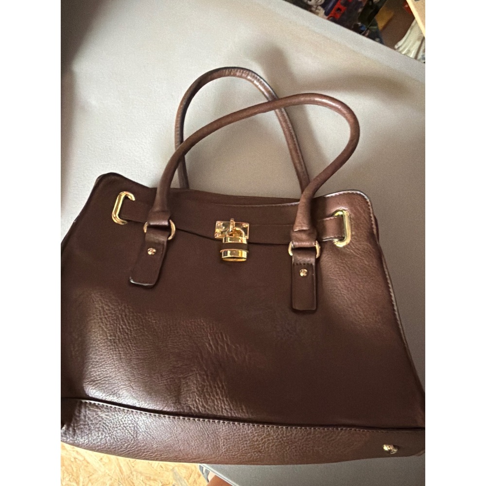 Charming Charlie Brown Faux Leather Satchel Handbag Gold Padlock Detail Tote